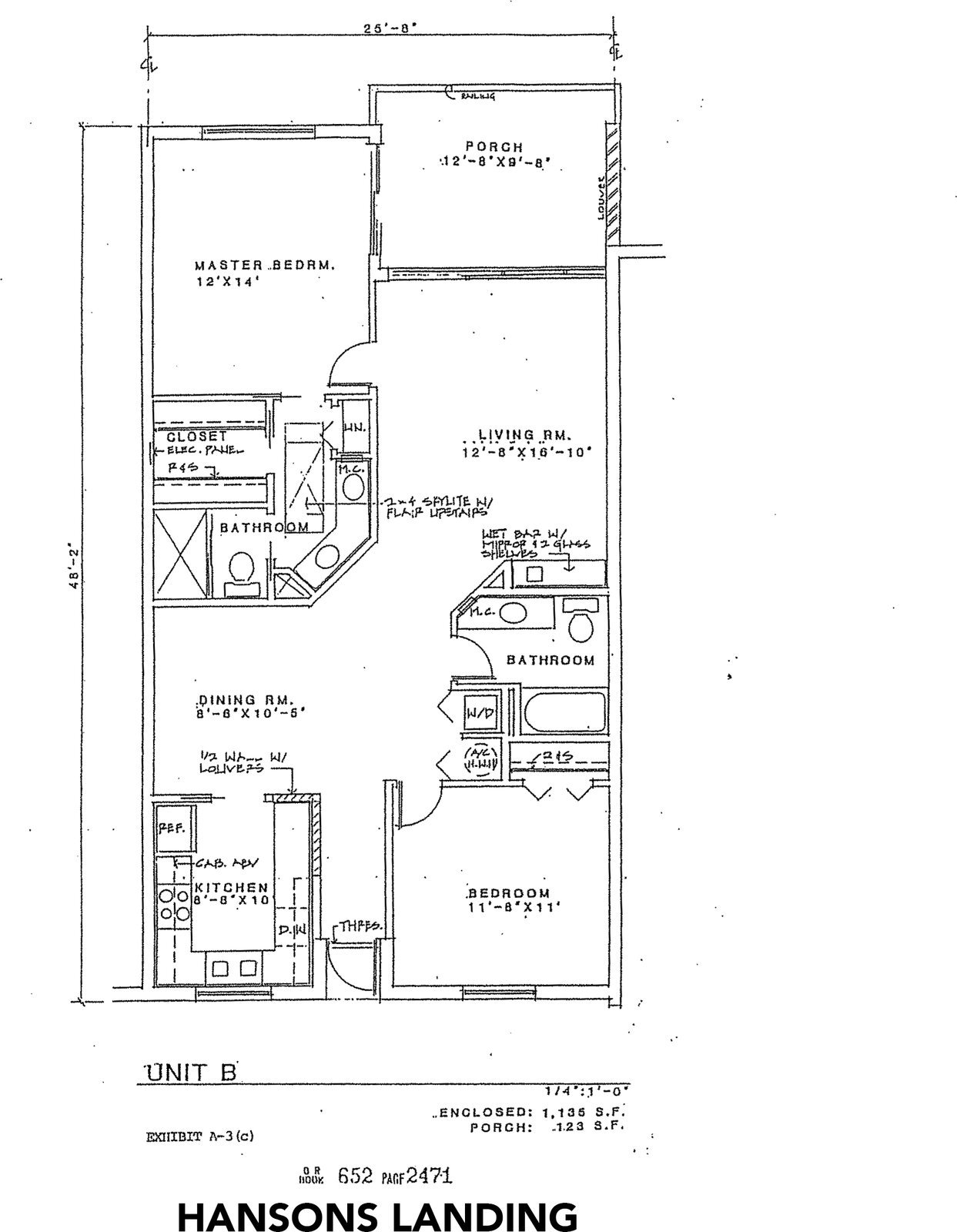 Floor plan of Hanson's Landing Unit 15, showing master bedroom, second bedroom, living room, dining room, kitchen, two bathrooms, and screened porch, 1,135 square feet enclosed plus 123 square foot porch
